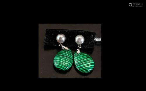 Malachite and Fresh Water White Pearl Drop Earrings, pear cu...