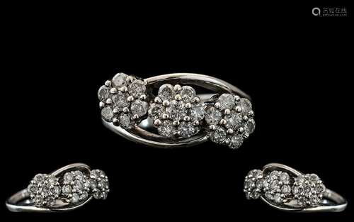 Ladies 18ct White Gold Attractive Triple Cluster Diamond Set...