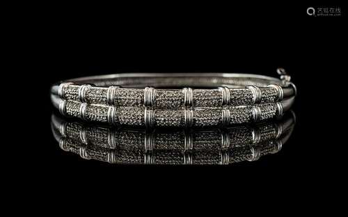 9ct White Gold Diamond Hinged Bangle - The Front Set with Ro...