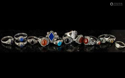 Collection of 15 Dress Rings, some silver, mostly stone set,...