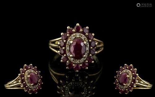 Ladies 9ct Gold - Attractive Ruby and Diamond Cluster Ring. ...