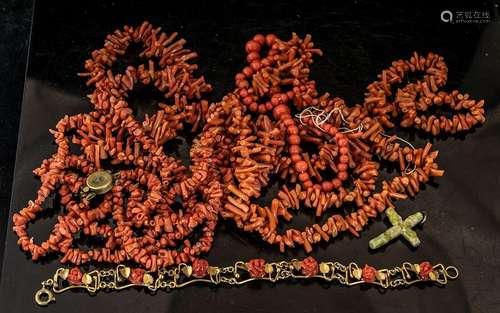 Small Collection of Coral, comprising a triple strand neckla...