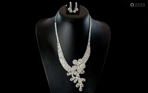 Asymmetric `Flower and Leaves` White Crystal Necklace and Ma...