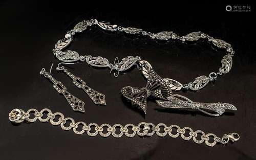 Antique Sterling Silver Marcasite Bracelet & Earrings Se...