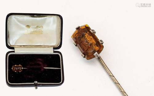 An Antique Period Carved Carnelian Intaglio Stick Pin, proba...