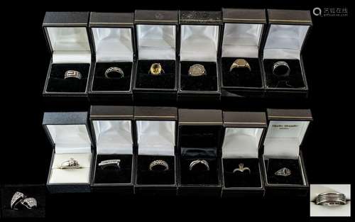 Collection of Fourteen Silver Dress Rings, set with coloured...