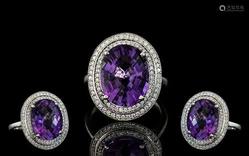 Stunning Platinum Diamond and Amethyst Set Dress Ring. Marke...