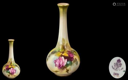 Small Royal Worcester ` Roses ` Bulbous Vase. Full Stamps to...