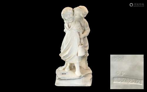 White Porcelain Figure Of a Boy & Girl, 13`` tall, raise...