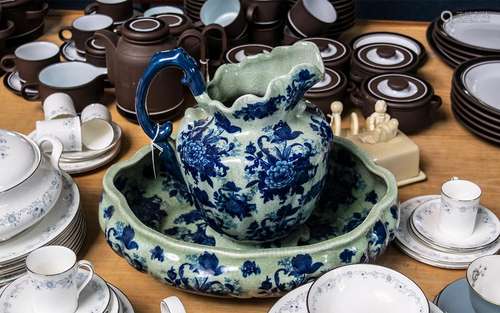 Large Victorian Jug & Bowl Set in blue floral glaze, bow...