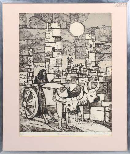 Julian Trevelyan - 'Tower & Oxen', etching with aquatint...
