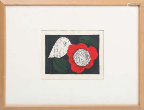 Kaoru Kawano - 'A Camellia and a Small Bird', colour woodcut...