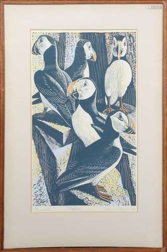 James Thomas Armour Osborne - 'Puffins', colour linocut, sig...