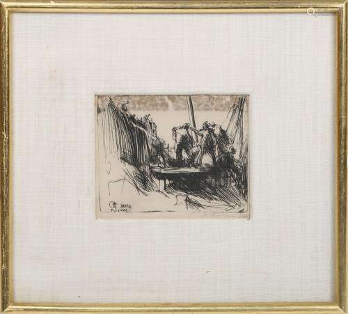 Pietro Annigoni - Figures at Work, 20th century etching on w...
