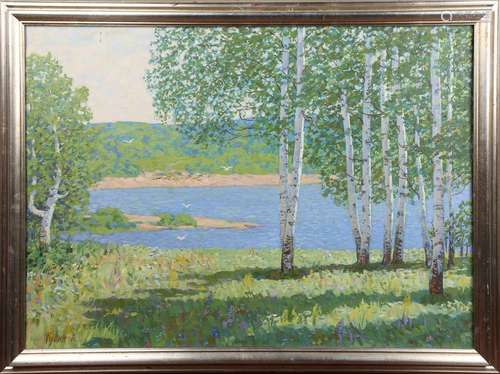 Anatoly Ivanovich Kuvin - 'Summer' (Landscape with Lake and ...