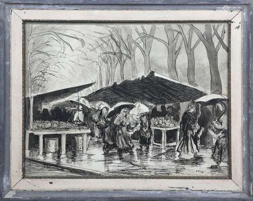 M.F.G., British School - Market Scene in the Rain, 20th cent...