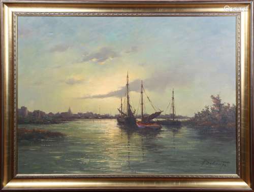 Andries Debeuf - 'Port Scene', 20th century oil on canvas, s...