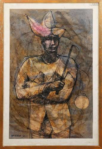 Peter Nuttall - Jester, 20th century ink with watercolour, s...