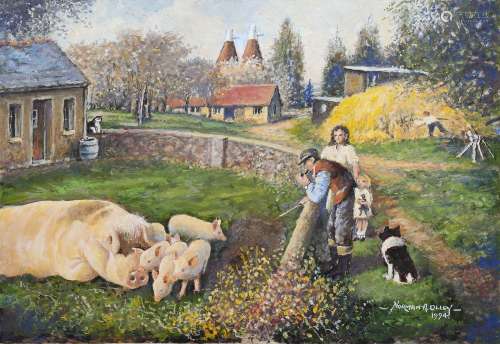 Norman Olley - 'Contentment' (Kent Farm Scene with Pig, Fami...