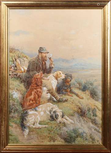 Basil Bradley - Huntsmen and Setters resting on a Hillside, ...