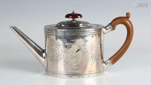 A George III silver oval teapot, engraved with opposing cart...