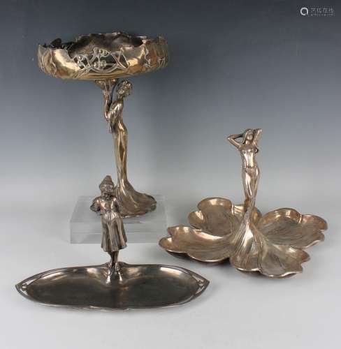 An Art Nouveau WMF plated table centrepiece, cast as a maide...