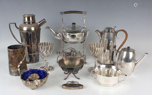 A Mappin & Webb plated spirit kettle on stand with heate...