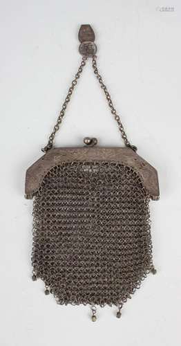 A Chinese silver chain mesh evening purse, the clasp engrave...