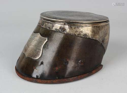 A Victorian silver mounted horse's hoof box, the hinged lid ...