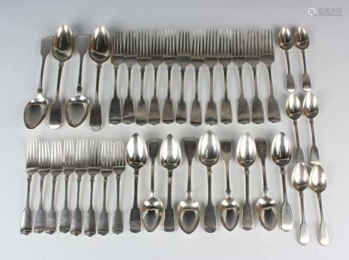 A Victorian harlequin part canteen of silver Fiddle pattern ...