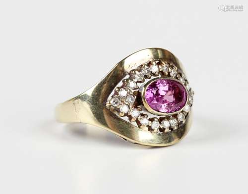 A gold, pink sapphire and diamond ring, collet set with the ...