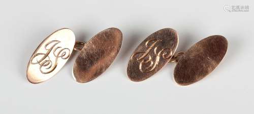 A pair of 9ct gold oval cufflinks, monogram engraved, Cheste...