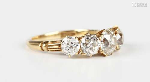 A late 19th century gold and diamond five stone ring, claw s...