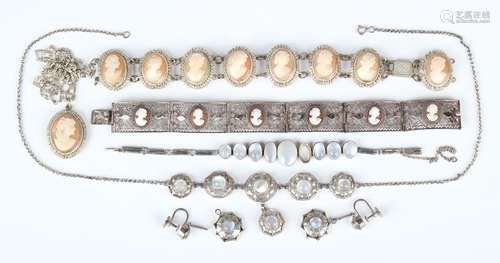 A silver and moonstone necklace on a boltring clasp, detaile...