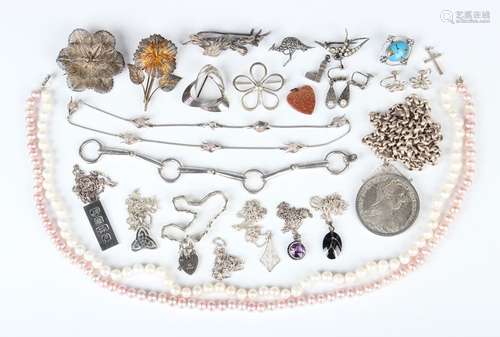 A group of silver and costume jewellery, including eight bro...