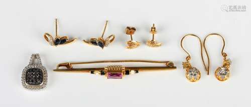 A gold, enamelled and pink sapphire bar brooch, detailed '58...