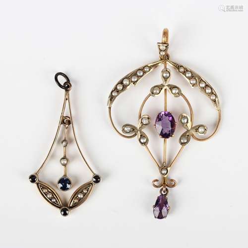 An Edwardian gold, amethyst and seed pearl pendant in an ope...