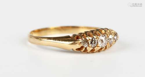 A late Victorian 18ct gold and diamond five stone ring, moun...