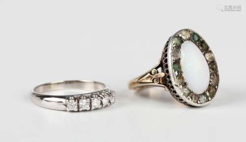 A white gold and diamond five stone ring, mounted with a row...