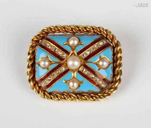 A Victorian gold, rose cut diamond, half-pearl and enamelled...