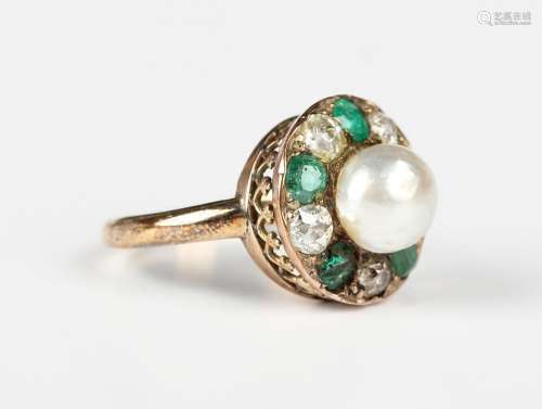 A gold, diamond, emerald and cultured pearl cluster ring, mo...