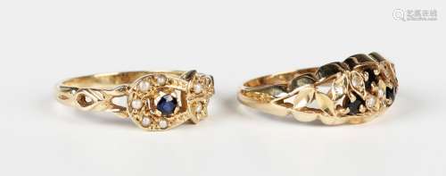 A 9ct gold, sapphire and diamond ring, mounted with three ci...