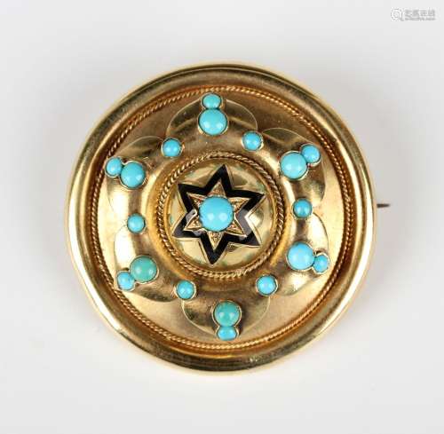 A Victorian gold, turquoise, imitation turquoise and black e...