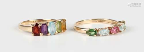 A 9ct gold and varicoloured gemstone five stone ring, claw s...