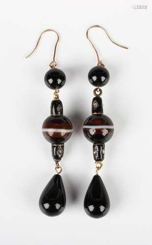 A pair of agate, diamond and enamelled pendant earrings, eac...