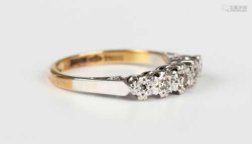 A gold, platinum and diamond five stone ring, mounted with a...