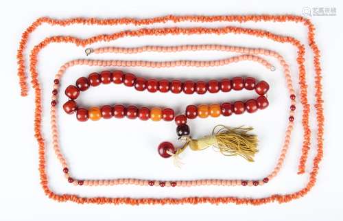 A single row necklace of branch coral, length 138cm, a singl...