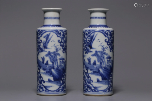 A Pair of Chinese Blue and White Glazed Porcelain Vases