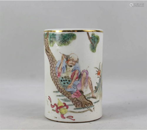 A Chinese Famille-Rose Glazed Porcelain Brush Pot