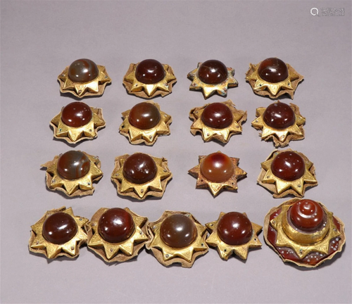 A Set of Chinese Gilt Bronze Belt Buckles with Carved Agate ...